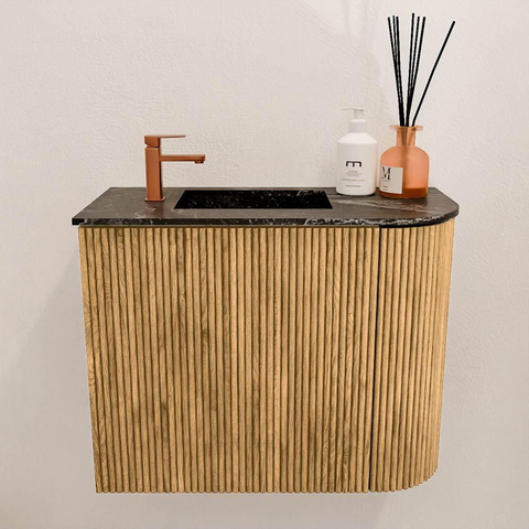 Mondiaz JOYA-DLUX 51.6cm meuble de toilette - arrondi droit couleur Chêne - Vasque FAYE position Gauche 1 trou de robinet couleur Lava. SW1422058