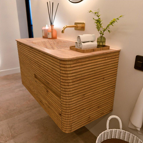 Mondiaz CIRO-DLUX Badkamermeubelset - 100x45x50cm - Solid surface wastafel Saba - 1 wasbak Midden - zonder kraangaten - 2 lades - Oak SW1531170