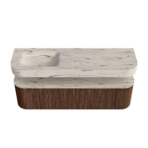 MONDIAZ THOR-DLUX 160cm meuble de salle de bains arrondi gauche + droite couleur Walnut avec 1 tiroir et 2 portes. Vasque suspendue CLOUD Gauche 1 trou de robinet couleur Nata. SW1465264