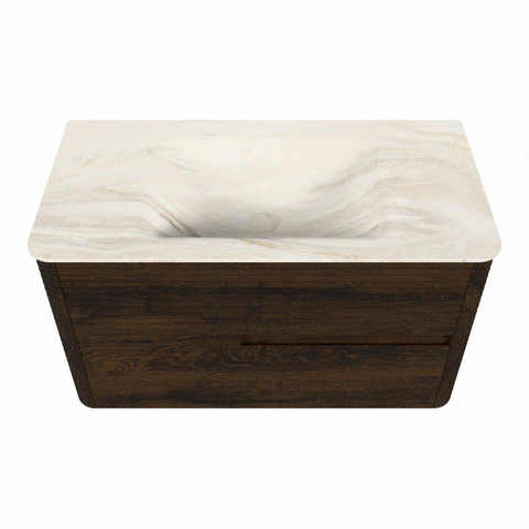 Mondiaz CIRO-DLUX Badkamermeubelset - 90x45x50cm - Solid surface wastafel Ostra - 1 wasbak Midden - zonder kraangaten - 2 lades - Walnut SW1530336