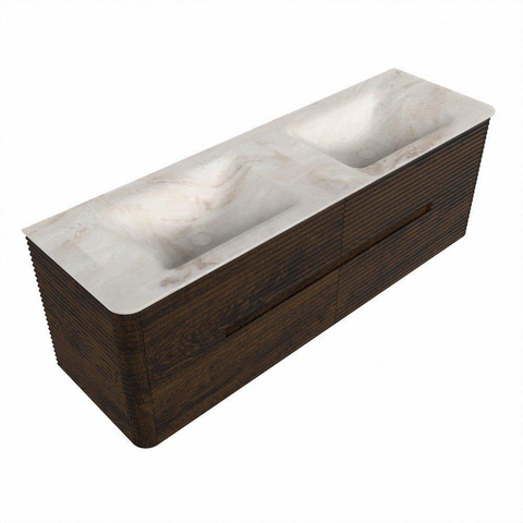 Mondiaz CIRO-DLUX Badkamermeubelset - 150x45x50cm - Solid surface wastafel Frappe - 2 wasbak Dubbel - zonder kraangaten - 4 lades - Walnut SW1530247