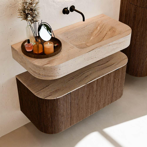 MONDIAZ THOR-DLUX 100cm badmeubel ronding links + rechts kleur Walnut met 1 lade en 2 deuren. Vrijhangende wastafel CLOUD Rechts zonder kraangat kleur Saba. SW1467558