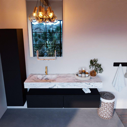 Mondiaz ALAN-DLUX Ensemble de meuble - 150cm - meuble Urban mat - 2 tiroirs - Lavabo Cloud Glace suspendu - vasque Gauche - 1 trou de robinet SW805752