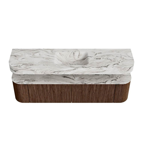 MONDIAZ THOR-DLUX Meuble de salle de bains 180cm arrondi gauche + droite couleur Walnut avec 2 tiroirs et 2 portes. Vasque suspendue CLOUD Milieu 1 trou de robinet couleur Glace. SW1465958