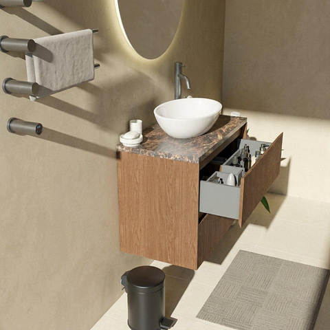 Saniclass Holz Atelier Badkamermeubelset - 80x45x63cm - Noche natuurstenen topblad dark emperador - 1 kraangat - 2 lades - mat walnut pure (hout) SW1478273