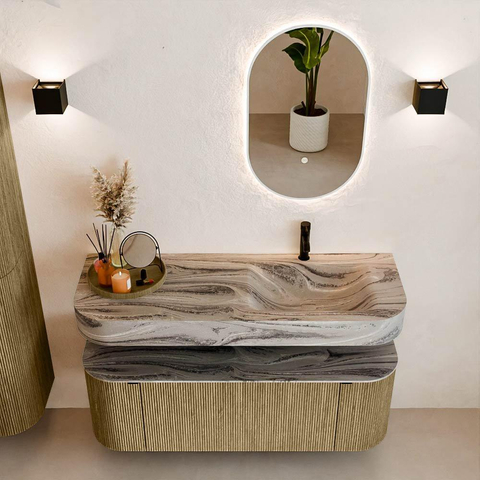MONDIAZ THOR-DLUX 130cm meuble de salle de bains arrondi gauche + droite couleur Dusk avec 1 tiroir et 2 portes. Vasque suspendue CLOUD Droite 1 trou de robinet couleur Sombra. SW1464080