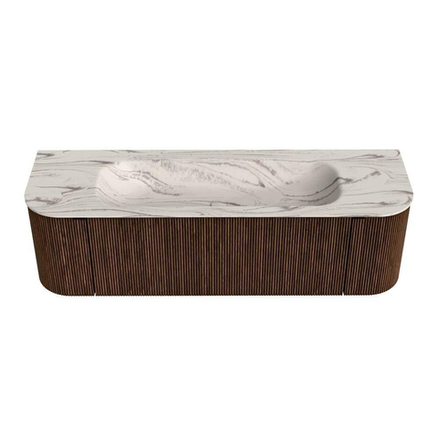 MONDIAZ KURVE-DLUX Meuble de salle de bains 150cm courbure Gauche + Droite couleur Walnut avec 1 tiroir et 2 portes. Lavabo BIG MEDIUM Central sans trou de robinet Nata. SW1432192