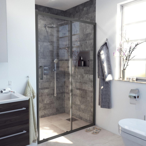 Marenza Slide Porte coulissante Quick Fit - 100x190cm - verre de sécurité 6mm - profilé alu - anti-calcaire - noir mat SW491643