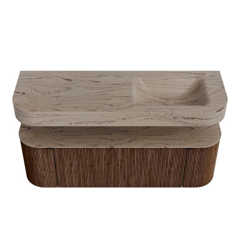 MONDIAZ THOR-DLUX 140cm meuble de salle de bains arrondi gauche + droite couleur Walnut avec 1 tiroir et 2 portes. Vasque suspendue CLOUD Droite 1 trou de robinet couleur Arena. SW1464368