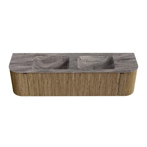 MONDIAZ KURVE-DLUX Meuble de salle de bains 170cm arrondi Gauche + Droite couleur Dusk avec 1 tiroir et 2 portes. Lavabo LEAF Double sans trou de robinet Oza. SW1433020