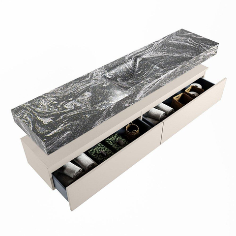 MONDIAZ ALAN - DLUX Ensemble meuble de salle de bains - 200cm - meuble bas - Linen - 2 tiroirs - lavabo suspendu - vasque au centre - 0 trous de robinet - Lava SW808021