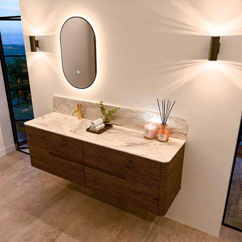 Mondiaz CIRO-DLUX Badkamermeubelset - 160x45x50cm - Solid surface wastafel Frappe - 1 wasbak Links - 1 kraangat - 4 lades - Dusk SW1532835