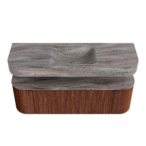 MONDIAZ THOR-DLUX 140cm meuble de salle de bains arrondi gauche + droite couleur Ruby avec 1 tiroir et 2 portes. Vasque suspendue CLOUD Milieu sans trou de robinet couleur Oza. SW1464284