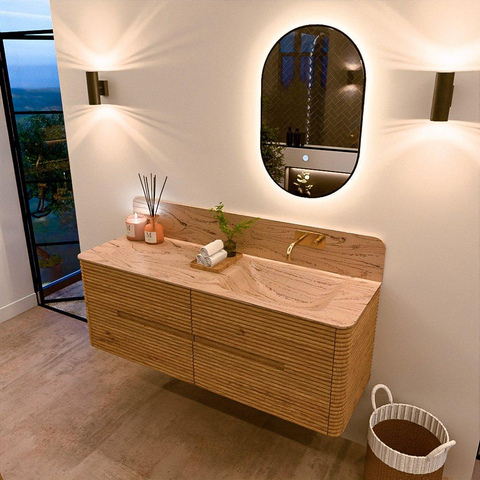 Mondiaz CIRO-DLUX Badkamermeubelset - 140x45x50cm - Solid surface wastafel Arena - 1 wasbak Rechts - zonder kraangaten - 4 lades - Oak SW1531336