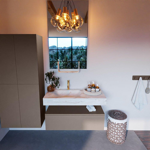 Mondiaz ALAN-DLUX Ensemble de meuble - 100cm - meuble Smoke mat - 1 tiroir - Lavabo Cloud Frappe suspendu - vasque Gauche - 1 trou de robinet SW804999