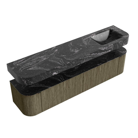 MONDIAZ THOR-DLUX 200cm meuble de salle de bains arrondi gauche + droite couleur Shadow avec 2 tiroirs et 2 portes. Vasque suspendue CLOUD droite sans trou de robinet couleur Lava. SW1467028
