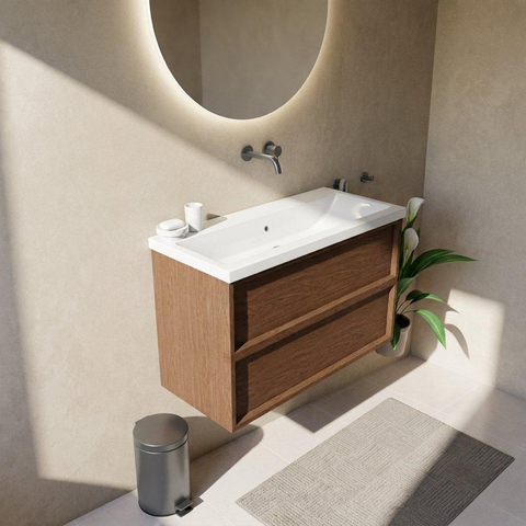 Saniclass Holz Frame Ensemble meuble de salle de bains - 100x45x63.5cm - Bari lavabo en céramique blanc - 1 vasque - sans trou de robinetterie - 2 tiroirs - mat walnut pure (bois) SW1579732