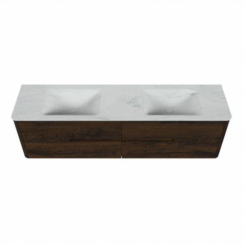 Mondiaz CIRO-DLUX Meuble de salle de bains - 180x45x50cm - plan-vasque solid surface Opalo - 2 vasques double - 2 perçages de robinet - 4 tiroirs - Noyer SW1530354