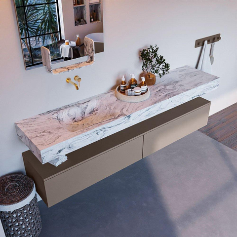 Mondiaz ALAN-DLUX Ensemble de meuble - 200cm - meuble Smoke mat - 2 tiroirs - Lavabo Cloud Glace suspendu - vasque Gauche - 0 trous de robinet SW805151