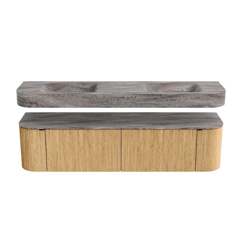 MONDIAZ THOR-DLUX 180cm badmeubel ronding links + rechts kleur Oak met 2 lades en 2 deuren. Vrijhangende wastafel CLOUD Dubbel zonder kraangat kleur Oza. SW1466295