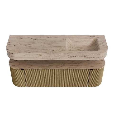 MONDIAZ THOR-DLUX 150cm meuble de salle de bains arrondi gauche + droite couleur Dusk avec 1 tiroir et 2 portes. Vasque suspendue CLOUD droite sans trou de robinet couleur Arena. SW1464753