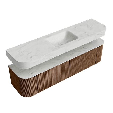 MONDIAZ THOR-DLUX 180cm meuble de salle de bains arrondi gauche + droite couleur Walnut avec 2 tiroirs et 2 portes. Vasque suspendue CLOUD Milieu 1 trou de robinet couleur Opalo. SW1465981