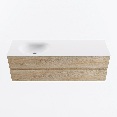MONDIAZ VICA meuble sous lavabo 150cm Chêne blanchi 2 tiroirs. Lavabo MOON gauche sans trou de robinet, couleur Talc. SW1381882