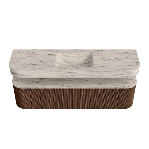 MONDIAZ THOR-DLUX 170cm meuble de salle de bains arrondi gauche + droite couleur Walnut avec 1 tiroir et 2 portes. Vasque suspendue CLOUD Milieu sans trou de robinet couleur Nata. SW1465798