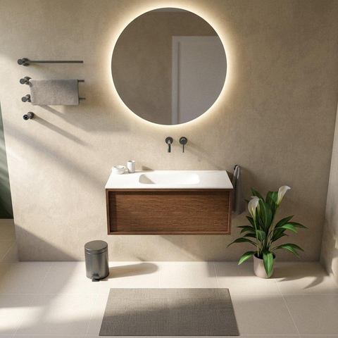 Saniclass Holz Frame Badkamermeubelset - 100x45x41.5cm - Flow solid surface wastafel wit - 1 wasbak - zonder kraangat - 1 lade - mat walnut pure (hout) SW1478397