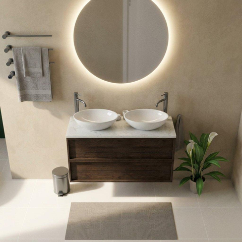 Saniclass Holz Frame Ensemble de meubles de salle de bains - 120x45x63cm - plan vasque en marbre Dia poli (blanc) - 2 trous de robinetterie - 2 tiroirs - chêne charcoal mat (bois) SW1579967