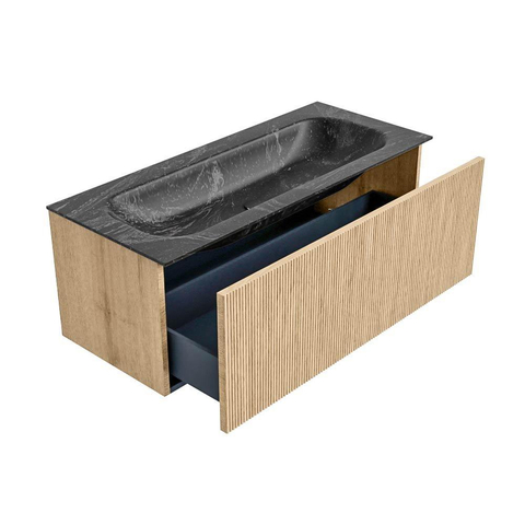 MONDIAZ KURVE-DLUX Meuble de salle de bains 110 cm couleur Oak avec 1 tiroir. Lavabo BIG MEDIUM centré sans trou de robinet couleur Lava. SW1137322