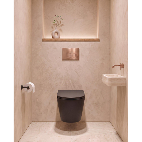 QeramiQ Dely Pack WC cuvette sans bride 36.3x51.7cm avec bâti-support Geberit UP320 abattant WC noir mat frein de chute et plaque de commande Cuivre boutons Rectangulaires SW804626