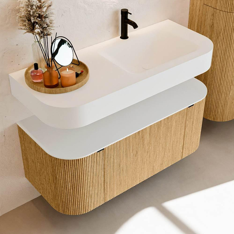 MONDIAZ THOR 110cm badmeubel ronding links + rechts kleur Oak met 1 lade en 2 deuren. Vrijhangende wastafel CLOUD Rechts 1 kraangat kleur Talc. SW1462725