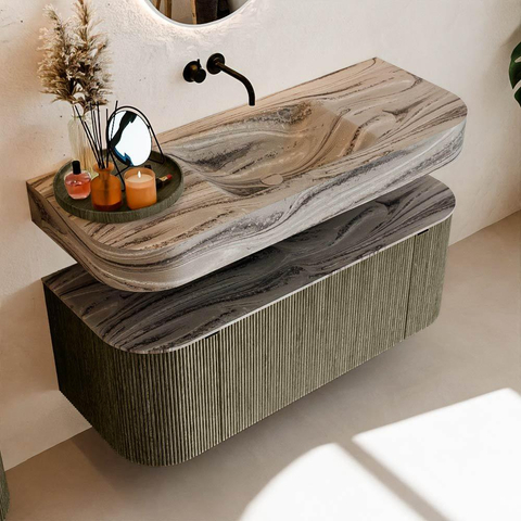 MONDIAZ THOR-DLUX 120cm meuble de salle de bains arrondi gauche + droite couleur Shadow avec 1 tiroir et 2 portes. Vasque suspendue CLOUD Milieu sans trou de robinet couleur Sombra. SW1463661