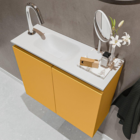 MONDIAZ TURE Toiletmeubel 60x23x50cm met 1 kraangaten 2 deuren ocher mat Wastafel Eden links Solid Surface Wit SW475042