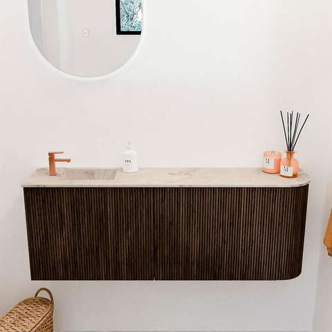 Mondiaz JOYA-DLUX 111.6cm toiletmeubel - ronding rechts kleur Walnut - Wastafel FAYE positie Links 1 kraangat kleur Frappe. SW1422331