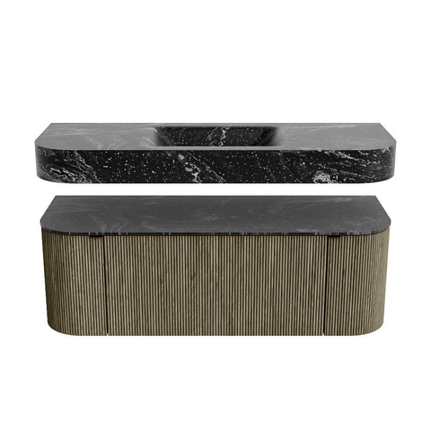MONDIAZ THOR-DLUX Meuble de salle de bains 130cm arrondi gauche + droite couleur Shadow avec 1 tiroir et 2 portes. Vasque suspendue CLOUD Centre sans trou de robinet couleur Lava. SW1463754