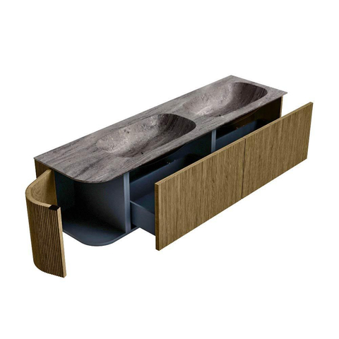 MONDIAZ KURVE-DLUX Meuble de salle de bains 165cm arrondi à gauche couleur Dusk avec 2 tiroirs et 1 porte. Lavabo STOR SMALL Double / Droite sans trou de robinet Oza. SW1433031