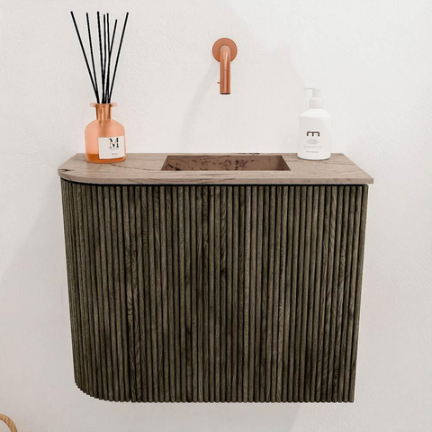 Mondiaz JOYA-DLUX Meuble de salle de bains - 51,6 cm - arrondi gauche couleur Shadow - Vasque FAYE position droite Sans trou de robinet couleur Arena SW1424830