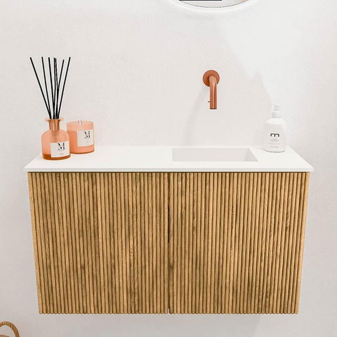 Mondiaz JOYA 70cm toiletmeubel - kleur Oak - Wastafel FAYE positie Rechts Zonder kraangat kleur Talc. SW1421114