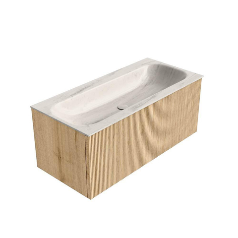 MONDIAZ KURVE-DLUX Meuble de salle de bains 100 cm couleur Oak avec 1 tiroir et 0 porte. Lavabo BIG MEDIUM Central sans trou de robinet Meli. SW1431645