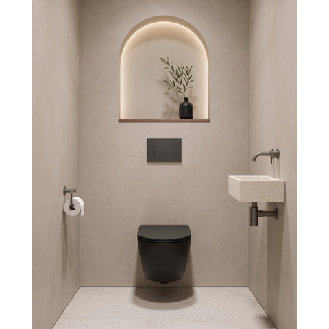 QeramiQ Dely Pack WC - 36,3x51,7cm - à fond creux - sans bride - réservoir encastré Geberit UP320 - abattant WC softclose 35 mm - plaque de déclenchement anthracite mat - boutons rectangulaires - noir mat SW1235407