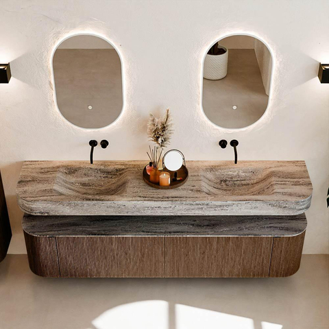 MONDIAZ THOR-DLUX 200cm meuble de salle de bains arrondi gauche + droite couleur Walnut avec 2 tiroirs et 2 portes. Vasque suspendue CLOUD Double sans trou de robinet couleur Oza. SW1467194