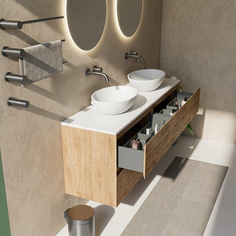 Saniclass Holz Pure Badkamermeubelset - 160x45x62.5cm - Torino solid surface topblad wit - zonder kraangat - 4 lades - mat eiken natural (hout) SW1478832