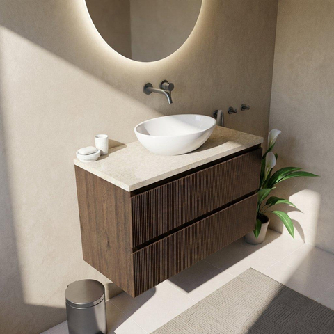 Saniclass Holz Atelier Badkamermeubelset - 100x45x63cm - Travertine natuurstenen topblad - zonder kraangat - 2 lades - mat eiken charcoal (hout) SW1478852