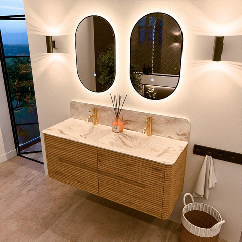 Mondiaz CIRO-DLUX Badkamermeubelset - 130x45x50cm - Solid surface wastafel Frappe - 2 wasbak Dubbel - 2 kraangaten - 4 lades - Oak SW1530872