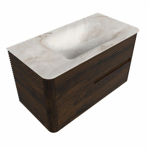 Mondiaz CIRO-DLUX Ensemble de meubles de salle de bains - 90x45x50cm - vasque solid surface Frappe - 1 lavabo au milieu - 1 trou de robinet - 2 tiroirs - Noyer SW1530297
