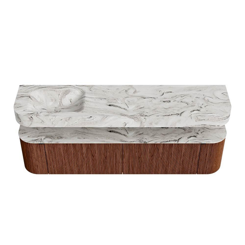 MONDIAZ THOR-DLUX Meuble de salle de bains 190cm arrondi gauche + droite couleur Ruby avec 2 tiroirs et 2 portes. Vasque suspendue CLOUD Gauche sans trou de robinet couleur Glace. SW1466494