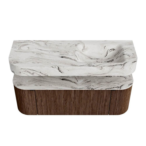 MONDIAZ THOR-DLUX 130cm badmeubel ronding links + rechts kleur Walnut met 1 lade en 2 deuren. Vrijhangende wastafel CLOUD Rechts 1 kraangat kleur Glace. SW1463602