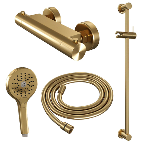 Brauer Gold Edition Mitigeur de douche apparent - barre de douche - 1 fonction - 2 poignées lisses - douchette ronde 3 jets - PVD - or brossé SW1164736